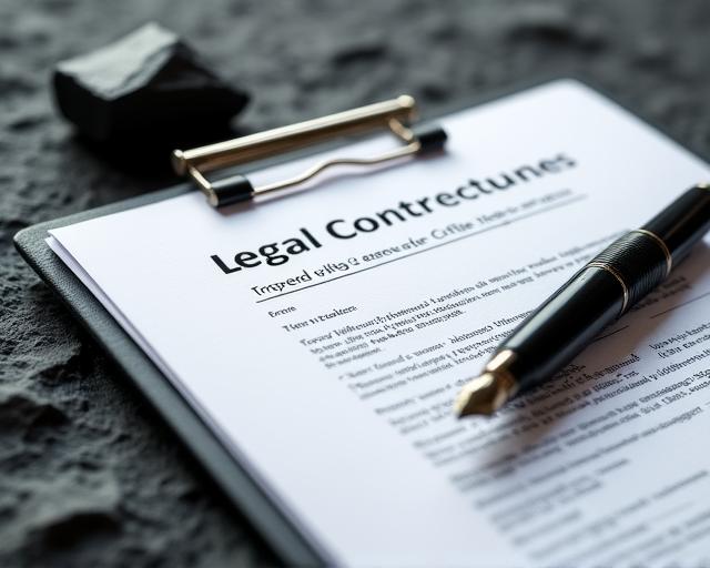 เอกสารสัญญาทางกฎหมายที่วางไว้บนพื้นผิวหินแกรนิตสีเข้ม